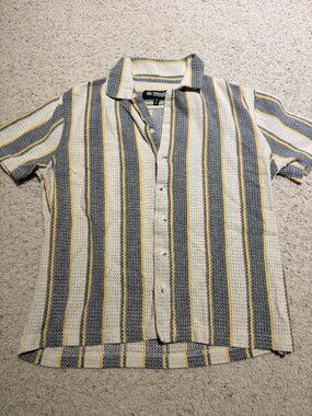 San Francisco Work Shirts Open Knit Striped Button Up Cream Navy Yellow Mens S